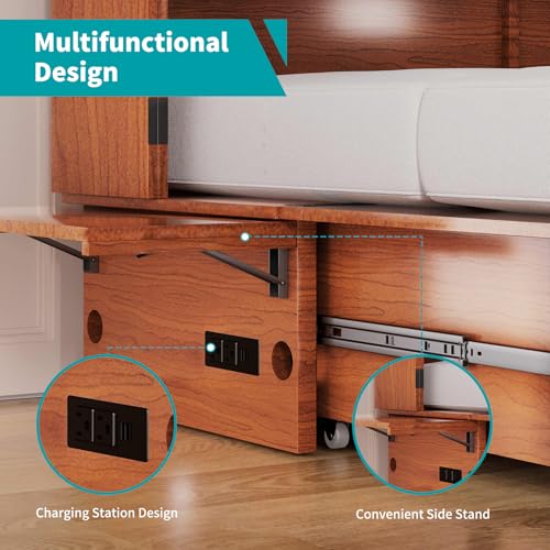 BALUS Murphy Bed Cabinet, 63" W Queen Cabinet Cube Chest Bed with Tri-fold Mattress, Charging Station