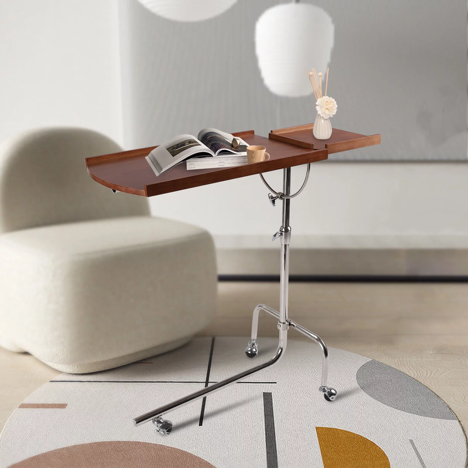 Miumaeov Swivel TV Tray Table C Shape Couch Sofa Table Tray Table Height & Tabletop Adjustable Solid Wood Oversized Table Laptop Desk End Table for