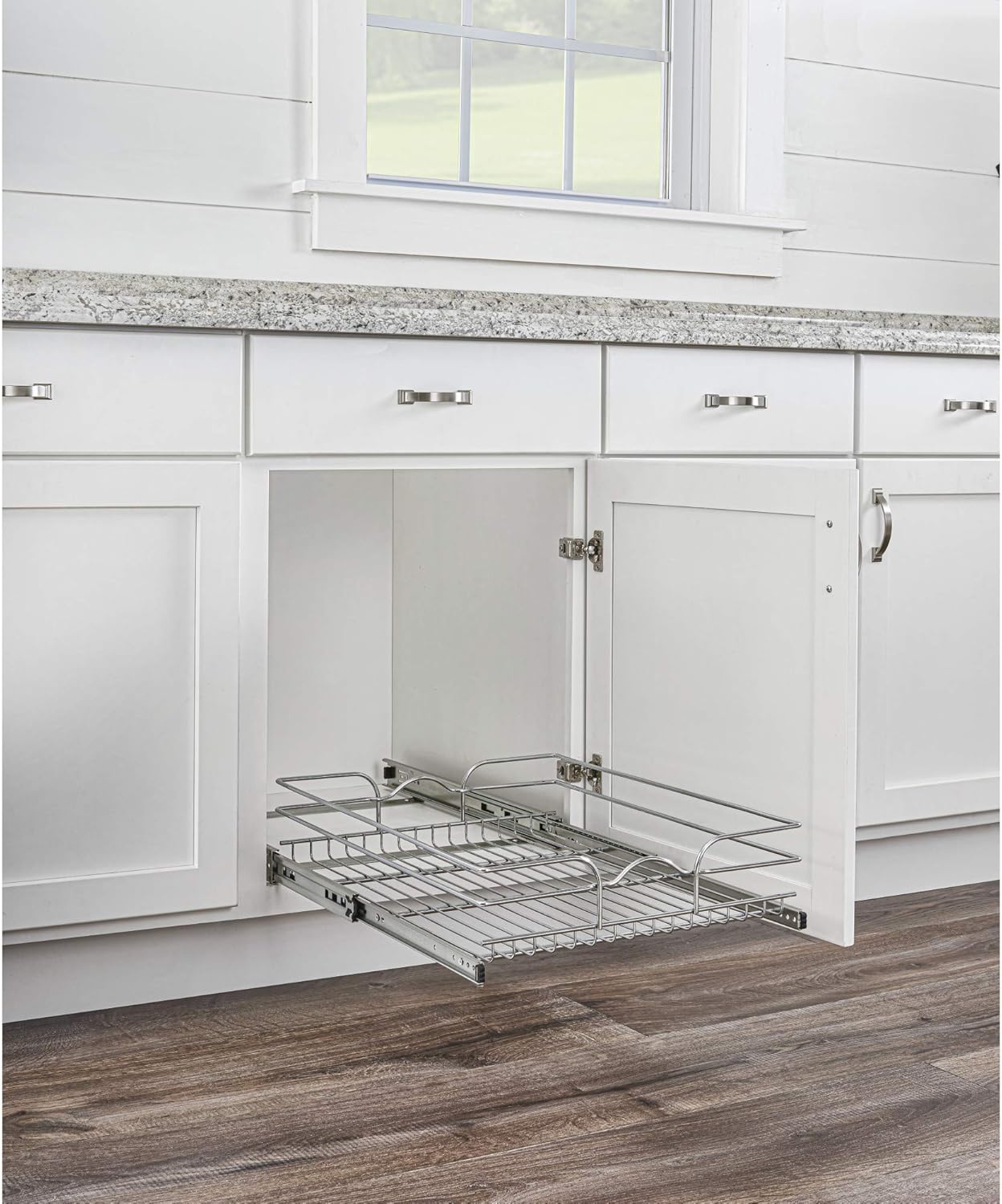 Rev-A-Shelf 5WB1-2122CR-1 21 Inch x 22 Inch Single Wire Basket Pull Out Shelf Storage Organizer for Kitchen Base Cabinets, Silver