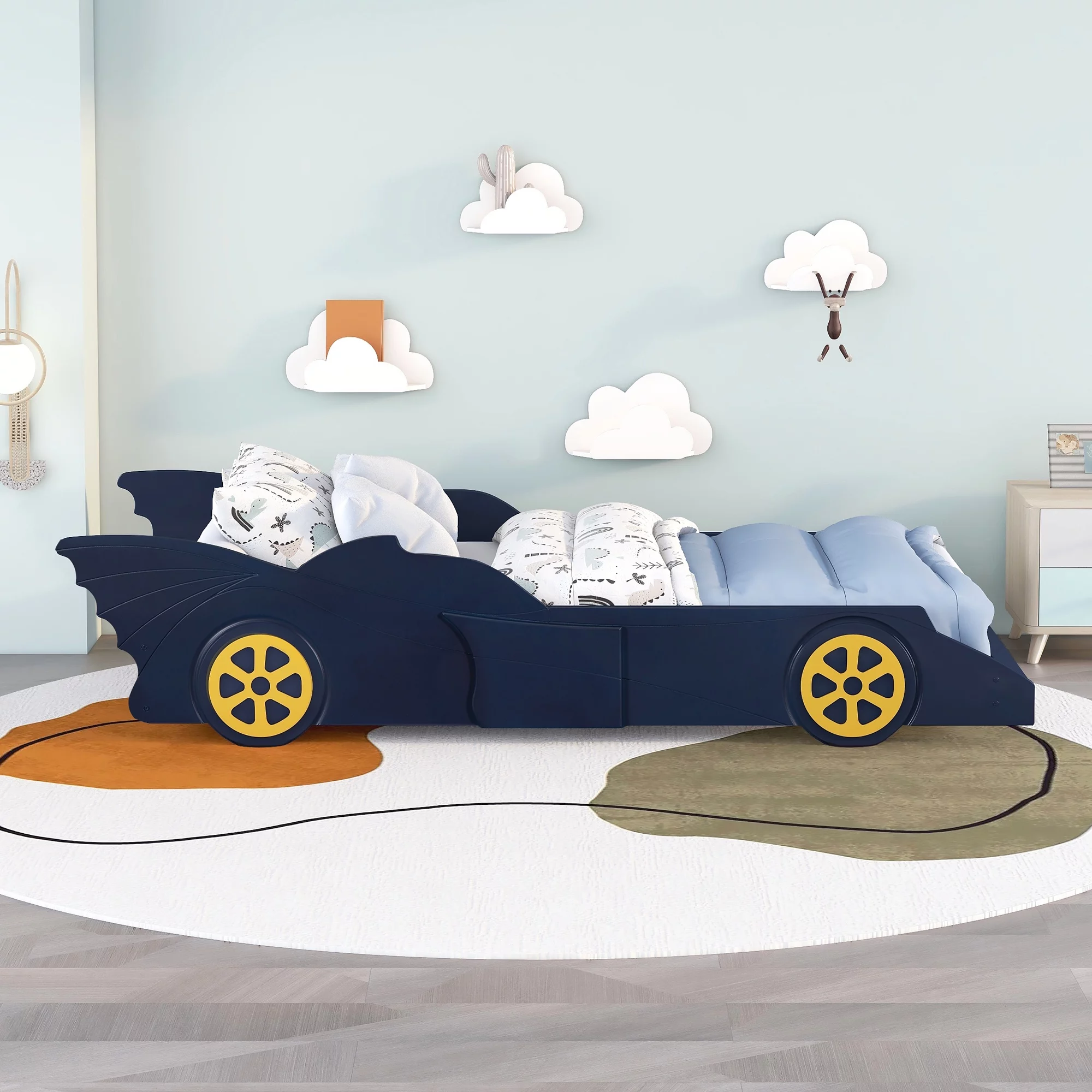 iRerts Race Car Shaped Twin Bed Frame, Wood Twin Platform Bed Frame for Kids Toddlers, Children Twin Size Platform Bed with Wheels, Wooden Slats