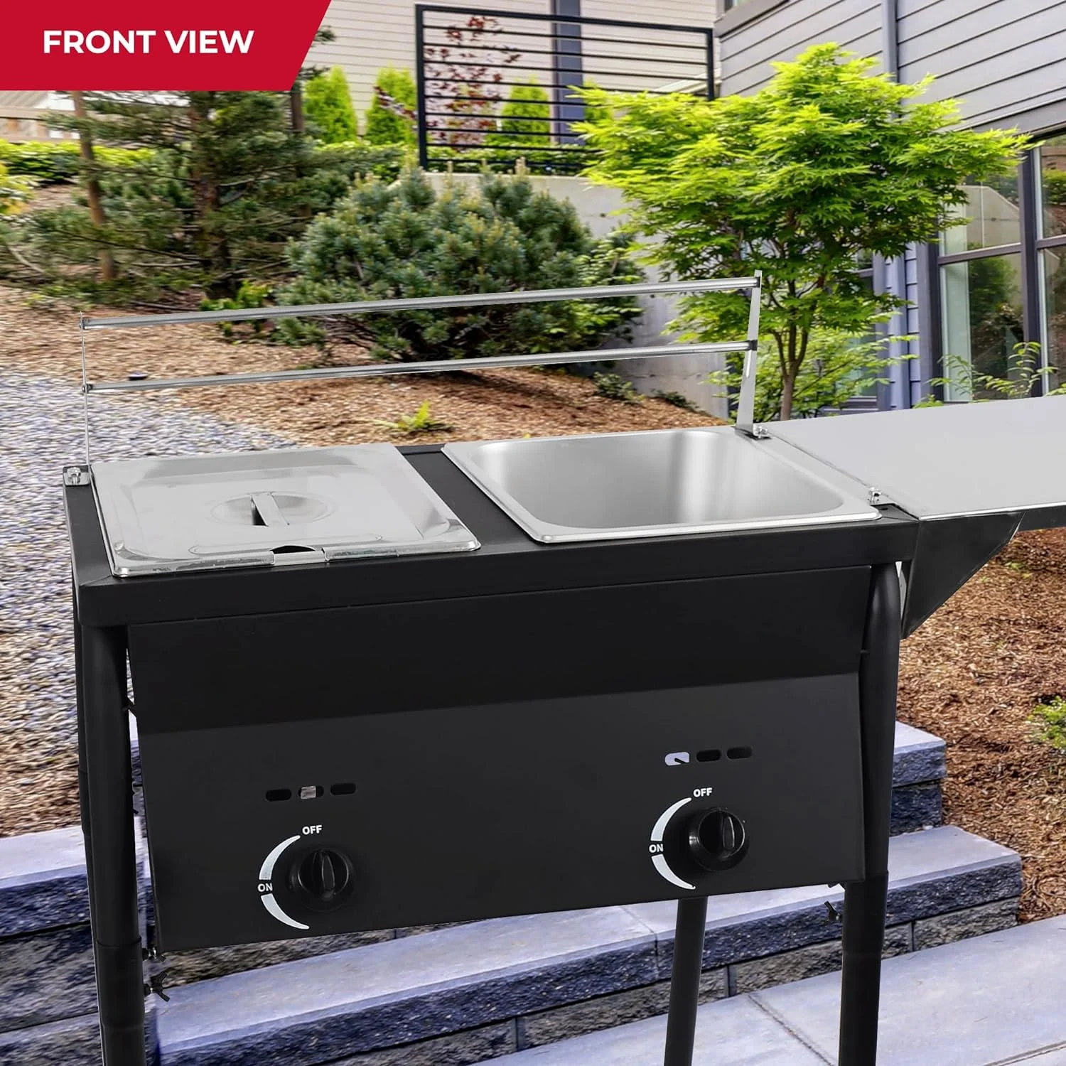 QCAI Two Tank Outdoor Black Deep Fryer | Propane Deep Fryer Propane with 2 Stainless Steel Basket & Lid Covers | Large Oil Tank Capacity with