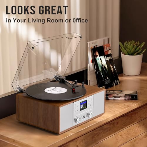 8-in-1 Retro Bluetooth Record Player with Built-in Stereo Speakers | Wireless 3-Speed Turntable for Vinyl, CD, MP3, USB/SD