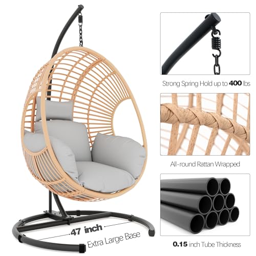 Oversized Hanging Egg Chair Outdoor Indoor, Wicker Swing Egg Chair with Stand 400lbs Capacity for Bedroom, Patio, Garden and Balcony (Beige-nest