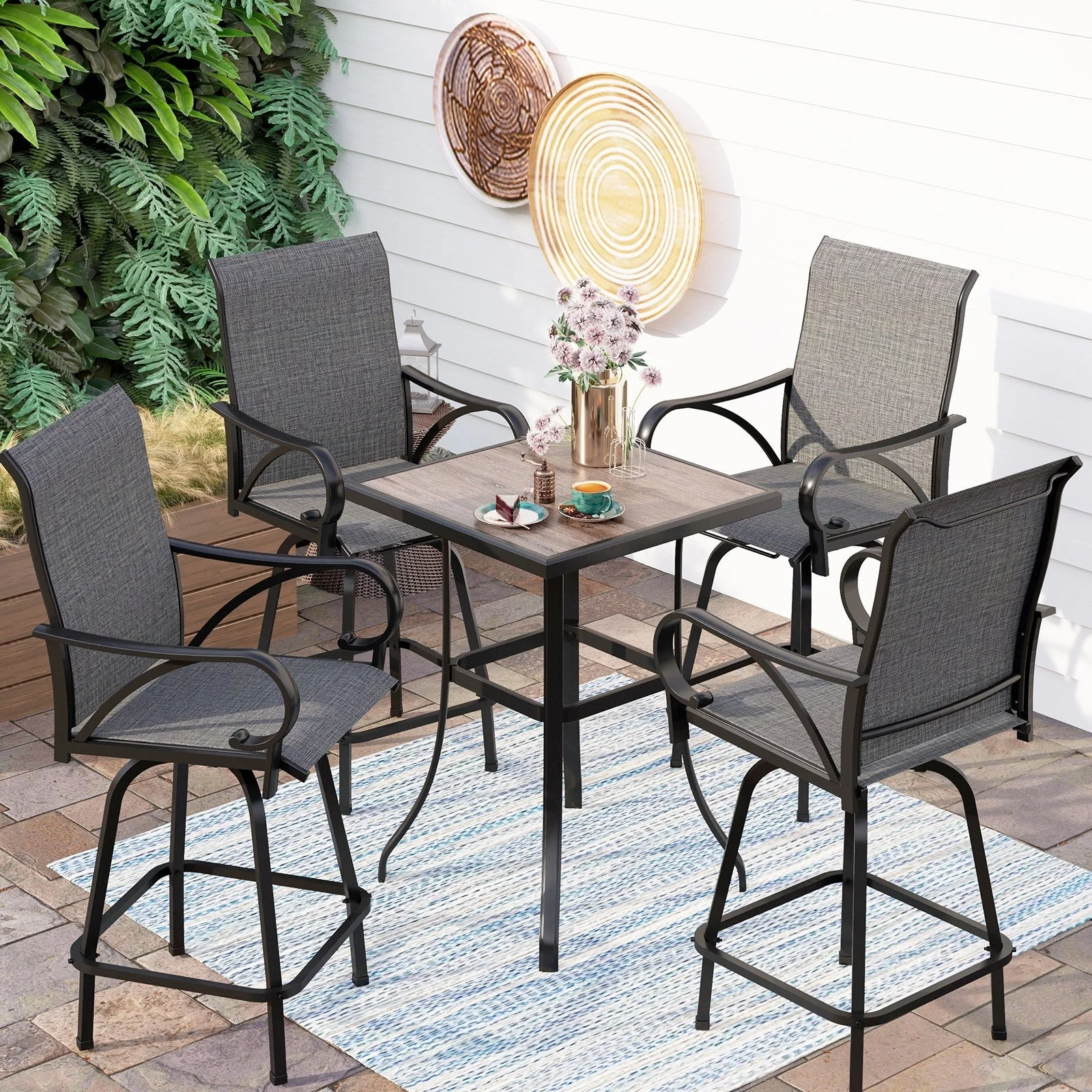 3/5-Piece Patio Bar Stool Set Wood-look Table & Grey Textilene Sling Fabric Swivel Bar Stools 5-Piece - Curated Treasures Market