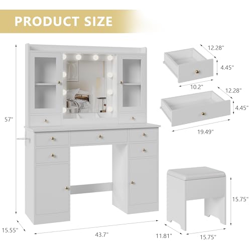 Makeup Vanity Desk with Mirror and Lights, White Vanity Table Set with Storage Drawers, Charging Station, Cabinets & Chair