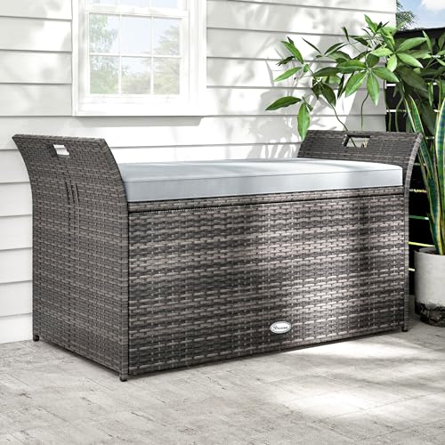 YITAHOME 90 Gallon Outdoor Wicker Storage Bench w/Cushion, Large PE Rattan Deck Storage Box w/Handles & Hydraulics for Patio Furniture, Cushions