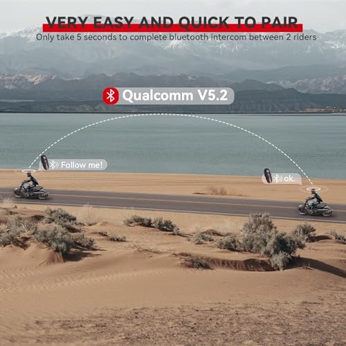 Motorcycle Bluetooth Headset V5.2 with Music Sharing, 2-Way Motorcycle Helmet Bluetooth with IP67 Waterproof