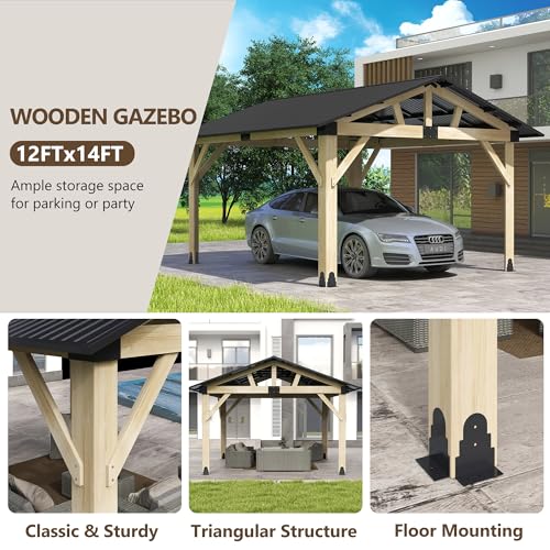 12'x12' Hardtop Gazebo, Outdoor Double Roof Galvanized Steel Gazebos, Aluminum Frame Permanent Pavilion with Curtains & Netting for Backyard, Patio