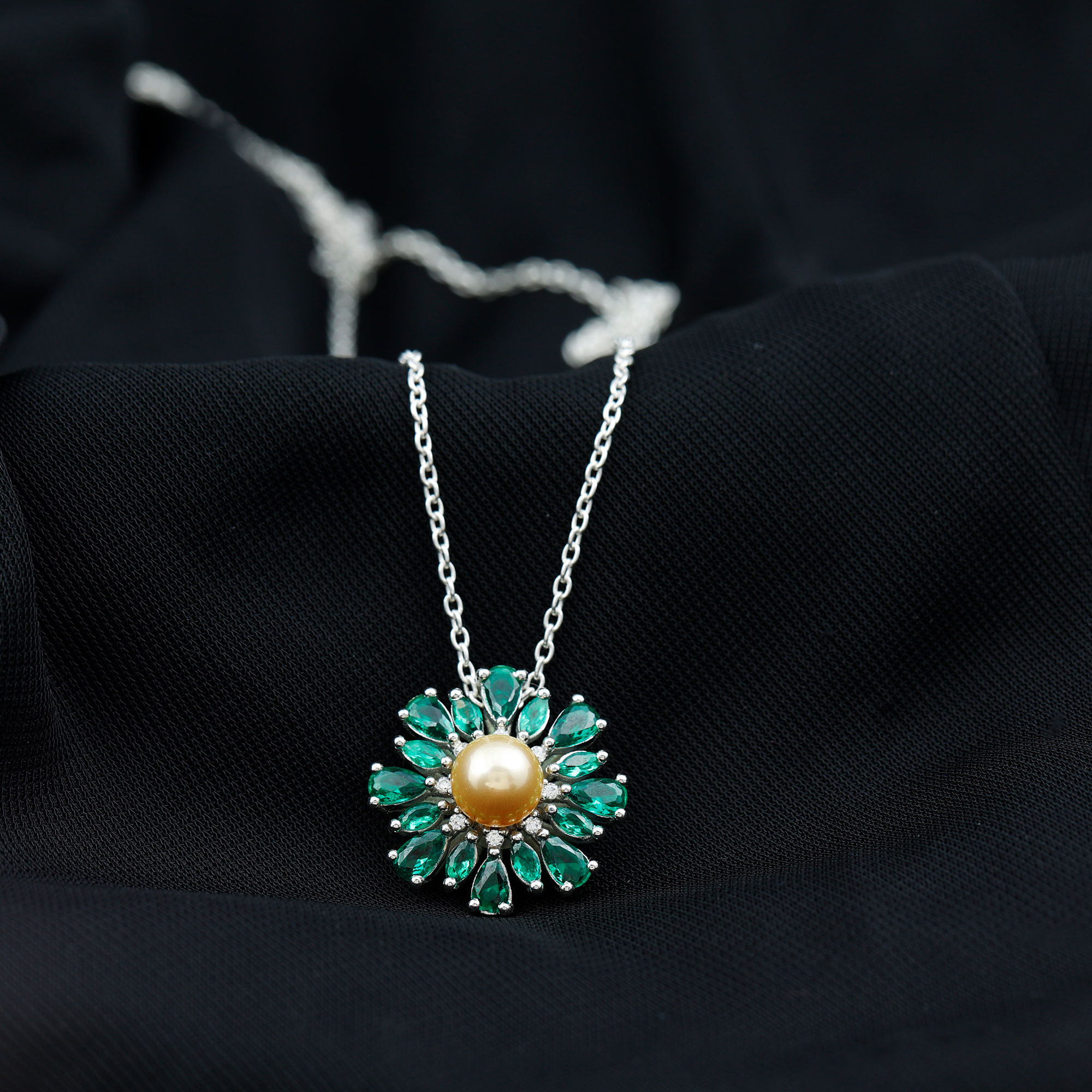 South Sea Pearl Pendant with Emerald and Diamond, Floral Pendant Necklace, 18K White Gold