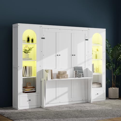 Queen Size Murphy Bed with Desk, Horizontal Wall Bed with Storage Side Cabinets, Drawers and LED Light, Wood Hideaway Wall Bed Frame with Shelves