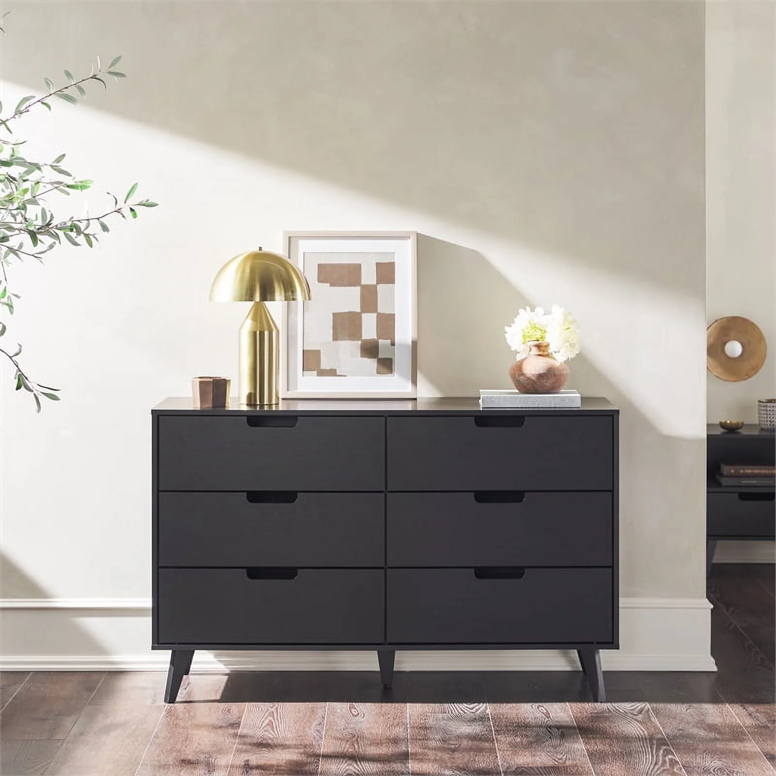 Pemberly Row Simple Wood 6 Drawer Dresser with Cut Out Handles - Black