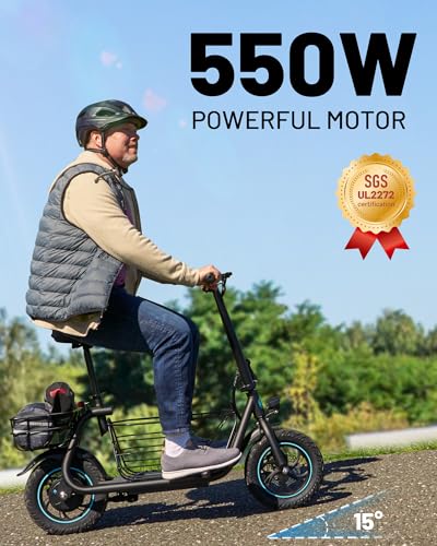 Electric Scooter with Seat, 550W Motor,18.6MPH Top Speed, 20 Miles Range,Adults Electric Scooter with Large Storage Basket for Pets Dogs and Items