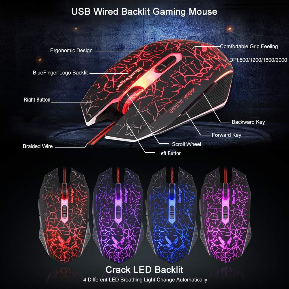 BlueFinger Gaming Keyboard Mouse Headset Combo,USB Wired Crack Backlit Keyboard,114 Keys Letters Glow LED Keyboard
