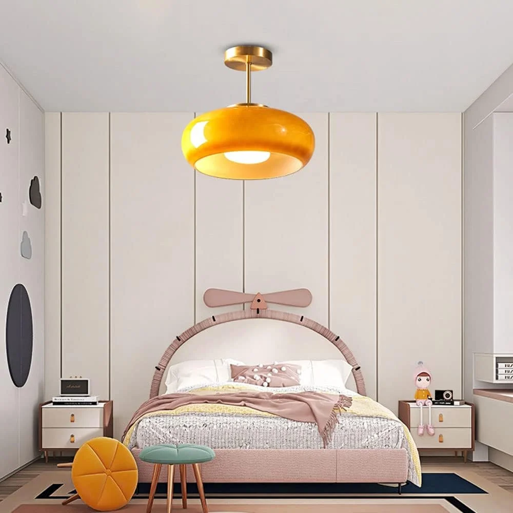 Arturesthome Ceiling Light Fixture Glass Lampshade Pendant Light with Brass Cover Amber Glass Hanging Lamp Vintage Yellow Glass Semi Flush Mount