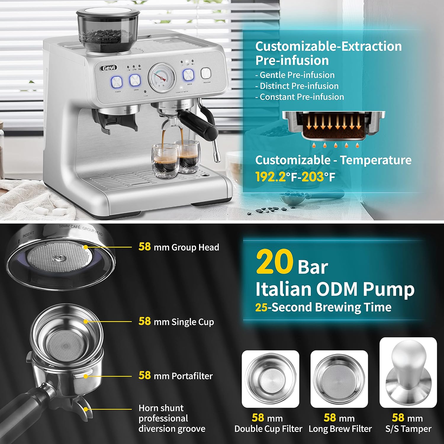 Gevi 4-in-1 Smart Pour-over Coffee Machine Fast Heating Brewer With Built-In Grinder, 51 Step Grind Setting, Automatic Barista Mode, Custom Recipes