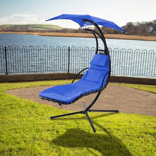 Hanging Chaise Lounger with Removable Canopy Outdoor Indoor Hammock Swing Chair with Cushion Built in Pillow