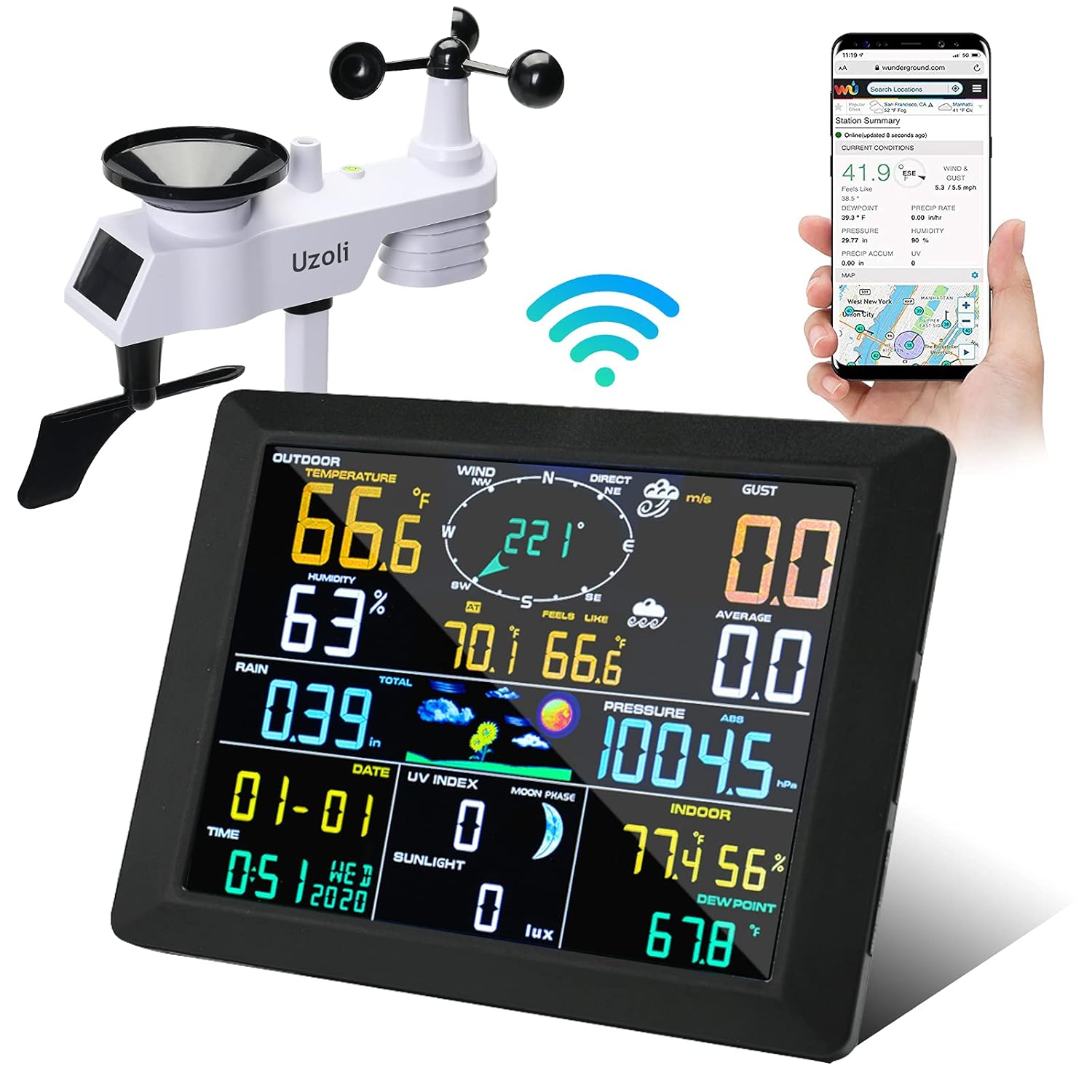Uzoli Professional Weather Stations Wireless Indoor Outdoor Thermometer Hygrometer with WiFi Large 10 LCD Display Weather Station, Rain Gauge