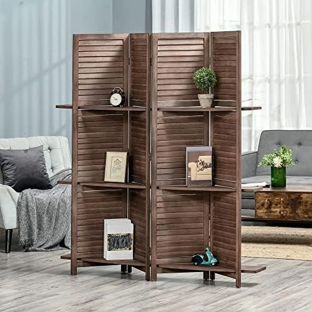 HOOMHIBIU 4-Panel Folding Room Divider  5.6 Ft Freestanding Paulownia Wood Privacy Screen Panel with  Shelves for Bedroom or Office  Walnut