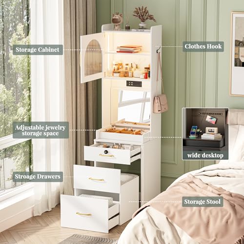 NUNU LAB 42 Inchs Large Vanity Desk with Mirror and Lights with 6 Drawers and 4 Cabinets, Big Women Makeup Table with Power Outlet