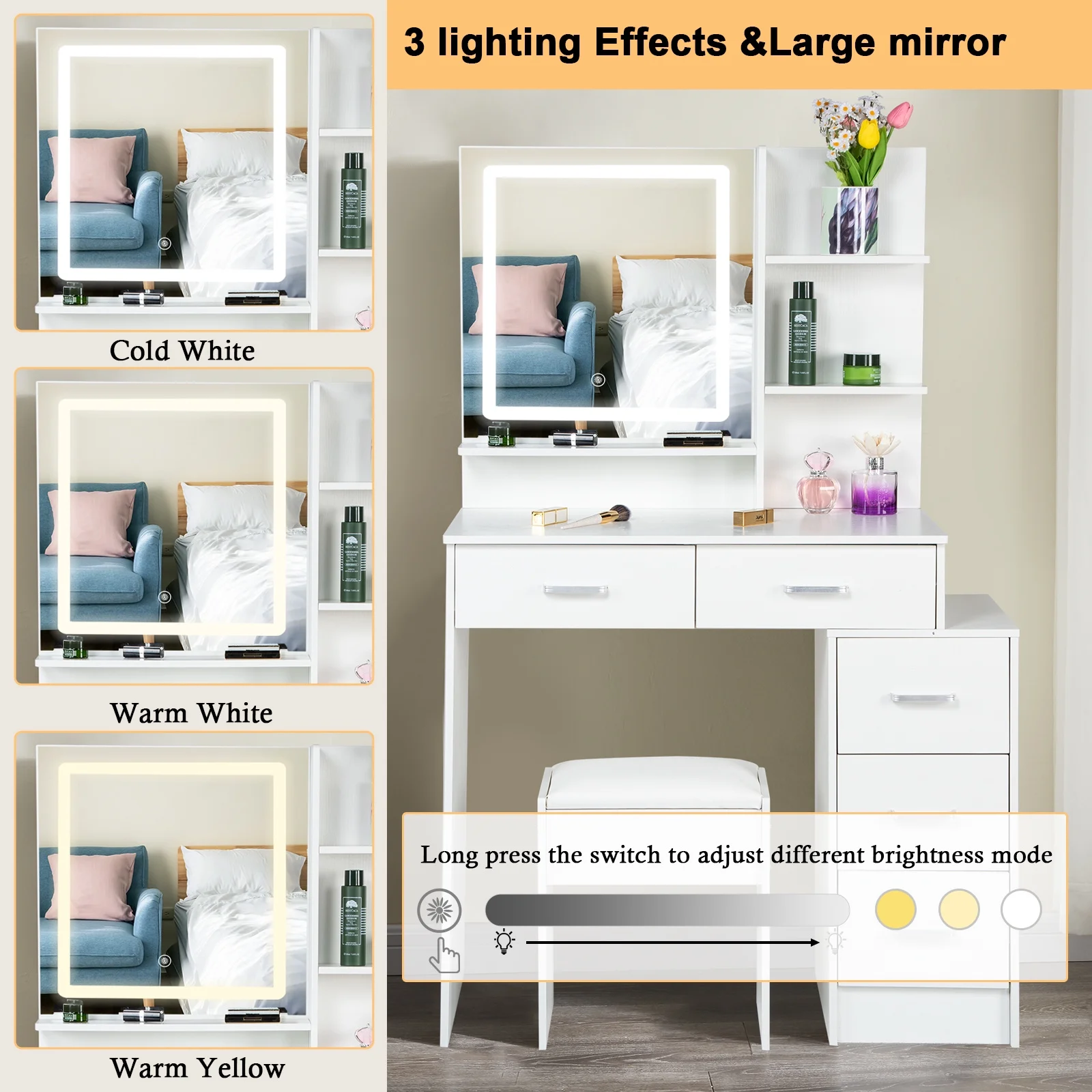 JBLCC Vanity Set with LED Lighted Mirror, Makeup Vanity Desk with Drawers and Shelves, Dressing Table with Stool, White Vanity for Girls Bedroom