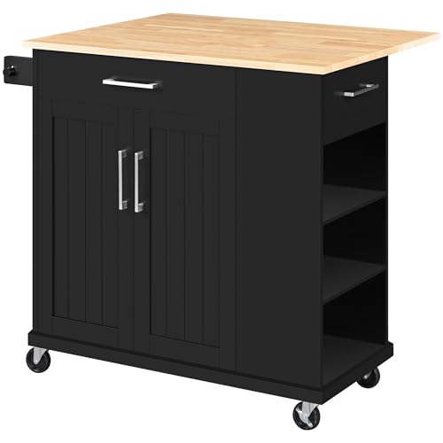 Yaheetech Rolling Kitchen Island Cart with Drop Leaf, Portable Rubberwood Breakfast Bar with Storage Cabinet, Open Shelves & Detachable Towel