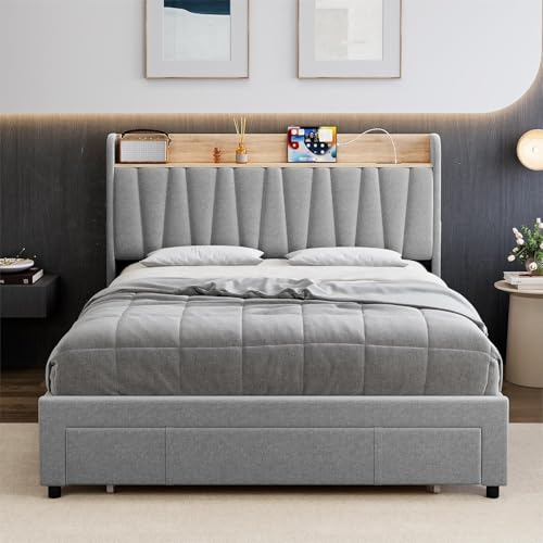 IDEALHOUSE Queen Size Bed Frame with Storage Headboard, Upholstered Platform Beds with Drawers, Charging Station, Noise-Free, No Box Spring Needed