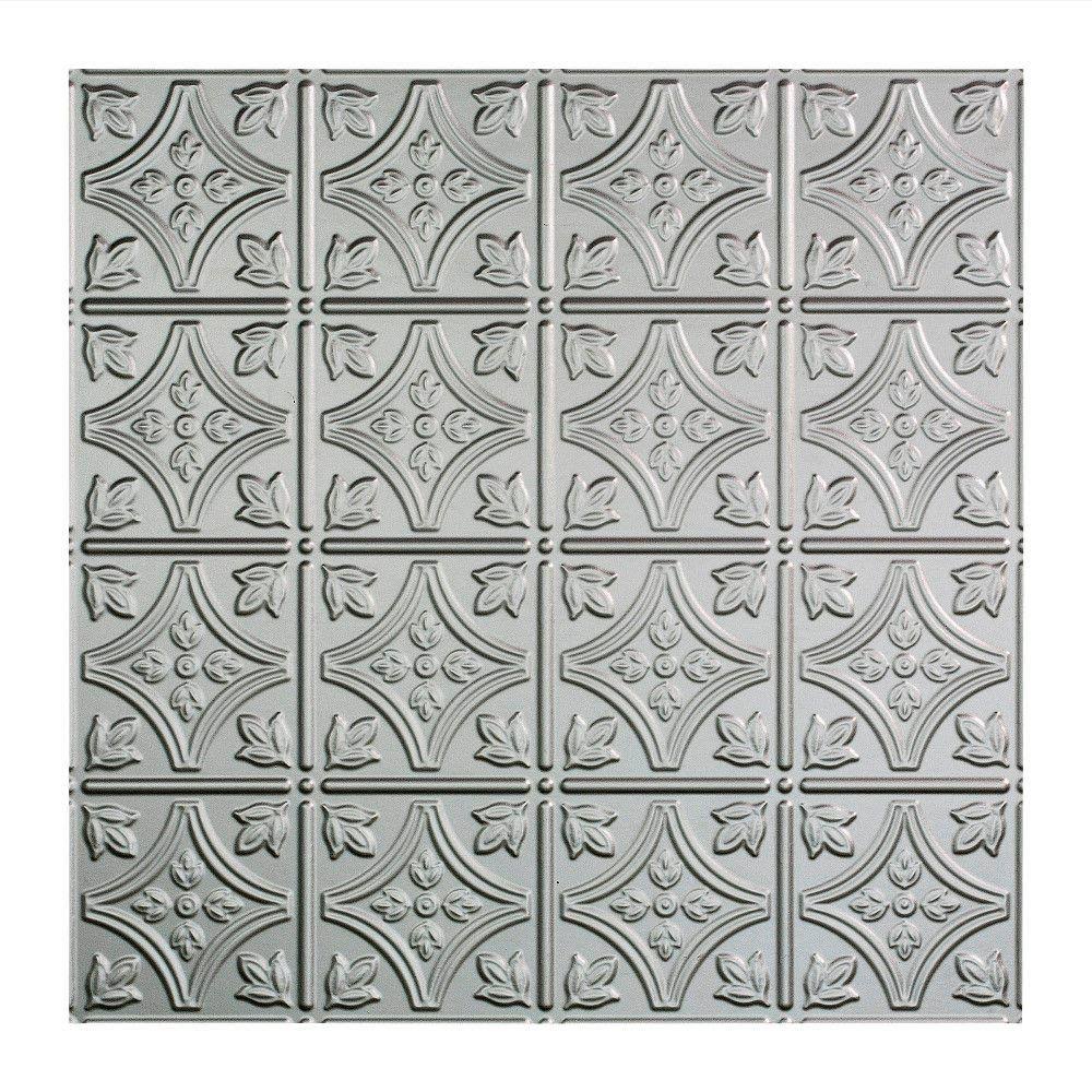 Fasade Traditional Style/Pattern 1 Decorative Vinyl 2ft x 2ft Lay in Ceiling Tile in Argent Silver (5 Pack)