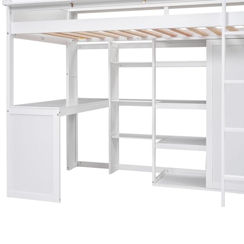 SOFTSEA Twin Size Loft Bed with Desk & Storage, Wood Loft Bed with Wardrobe and Storage Shelves