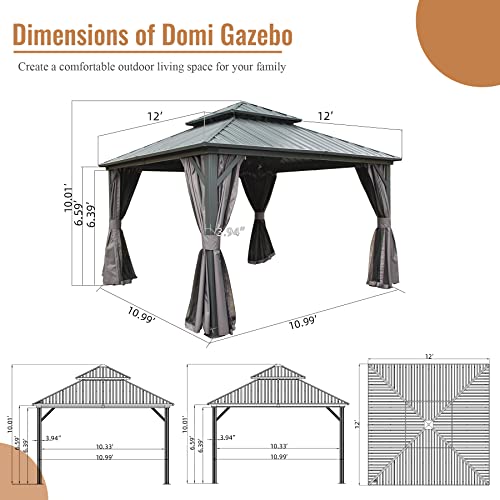 Domi 10' x 10' Hardtop Gazebo Outdoor Metal Gazebo with Galvanized Steel Double Roof Canopy, Curtains and Netting for Patio, Backyard, Deck