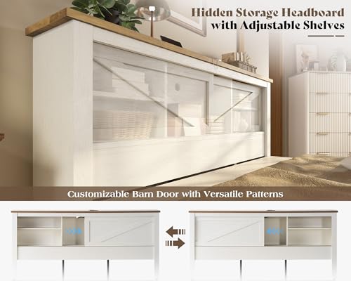 AMERLIFE 47.2" H King Bed Frame with Hidden Space Bookcase Headboard and Charging Station, Beds with 2 Storage Drawers and Wood Slats