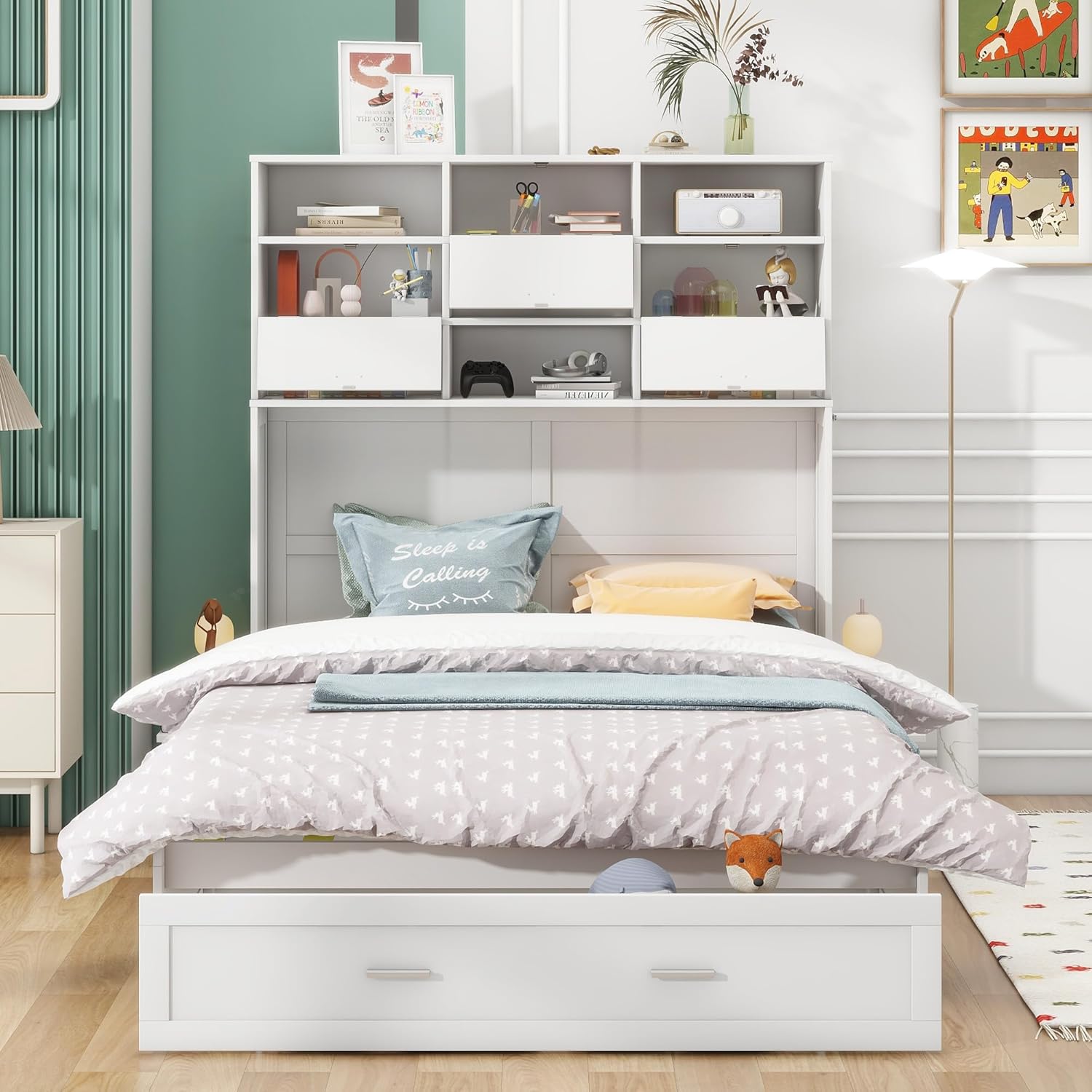 Queen Murphy Bed Cabinet Bed with Bookcase, Bedside Shelves and a Big Drawer for Guest Room or Home Office, White