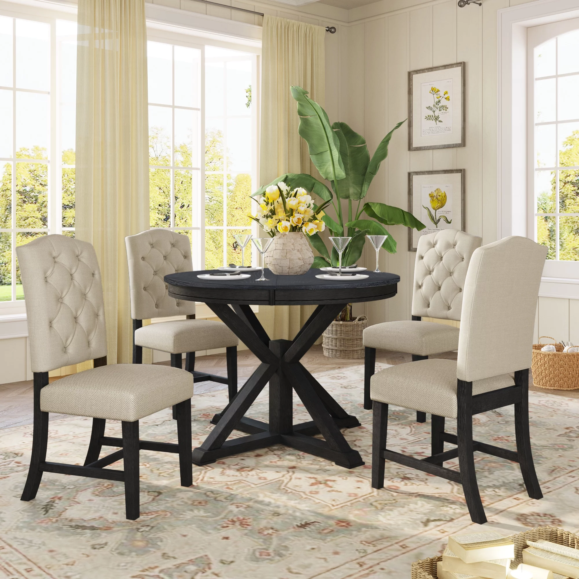 Prehome Functional Furniture Retro Style Dining Table Set with Extendable Table and 4 Upholstered Chairs for Dining Room and Living Room(Espresso)