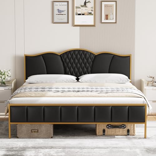 Bed Frame, King Bed Frame and Headboard, Platform Bed, Faux Leather, Metal Frame, Tufted Modern No Box Spring Needed, Strong Wooden Slats