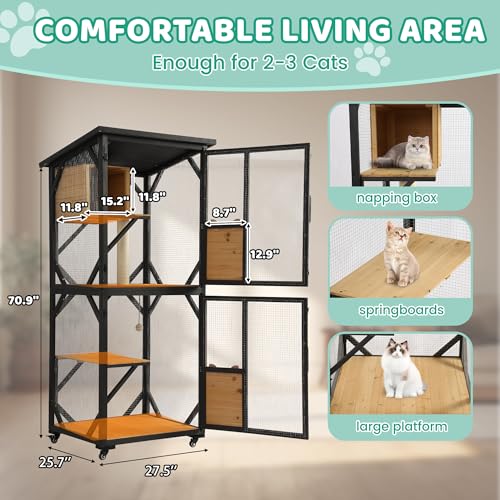 71" H Cat Catio Outdoor Cat Enclosure Window, 4 Tiers Cats Wooden House Cage on Wheels, Large Catios for Cats Indoor Patio with Waterproof Roof
