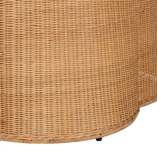 bali & pari Palm Scalloped Rattan Coffee Table - Handwoven Wicker Round Accent Table for Living Room Patio or Sunroom, Coastal Boho Style, White