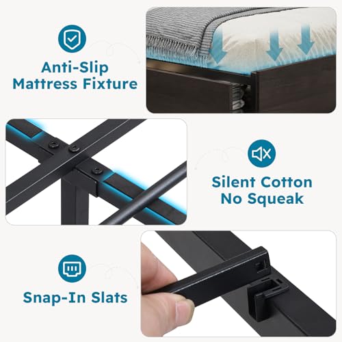 Full Size Bed Frame with Headboard, LED Platform Bed with 4 Storage Drawers, Built in Charging Station, Noise-Free, Metal Support Base