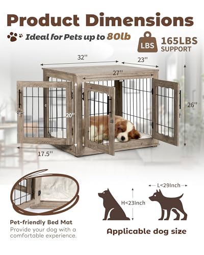 Dog Crate Furniture, 32 inch Medium Dog Crates with Bed Mat, Wooden Dog Kennel Furniture, End Side Table Dog Cage with 3 Doors, Greige