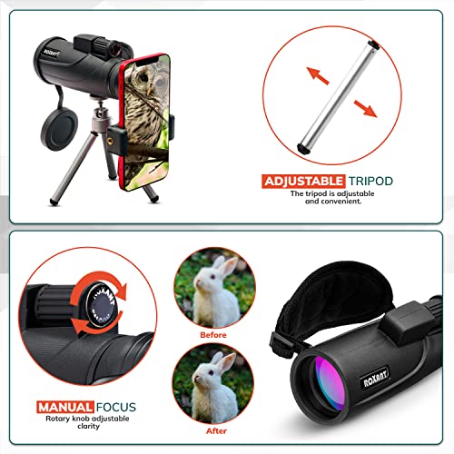 Roxant Falcon Monocular Telescope for Smartphone - 10x42 High Definition BAK4 Prism Focusing Scope - Monoculars for Adults - Includes Monocular