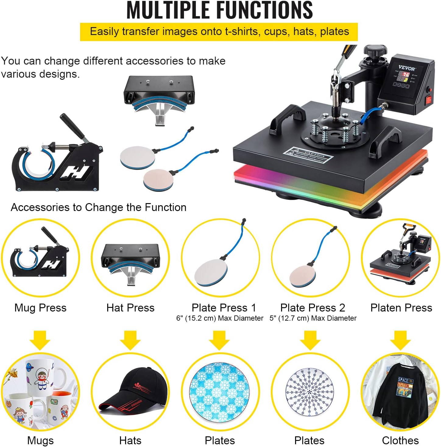 VEVOR Heat Press Machine, 15x15 Inch, 5 in 1 Combo Swing Away T-Shirt Sublimation Transfer Printer with Teflon Coated, Precise Heat Control
