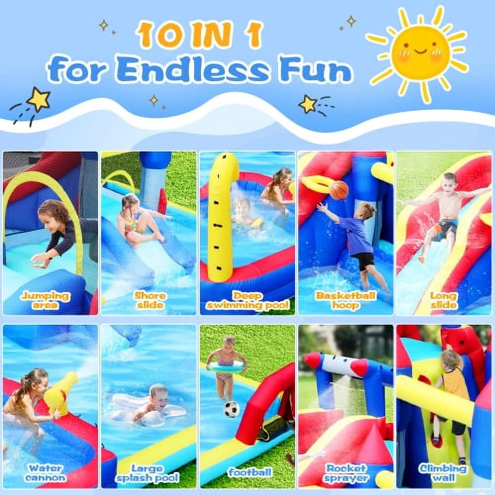 10 in1 Inflatable slide water park bouncing house garden with splash pool & water gun & basketball & climbing wall & dual pools & soccer
