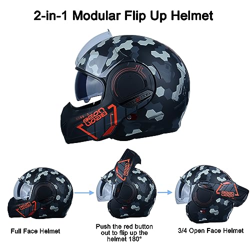 BEON Full Face Motorcycle Helmet DOT Approved, 180° Reversible Chin Guard Modular Pilot Helmet with Anti-Fog Dual Visors for Adult Men Women (S-XXL)