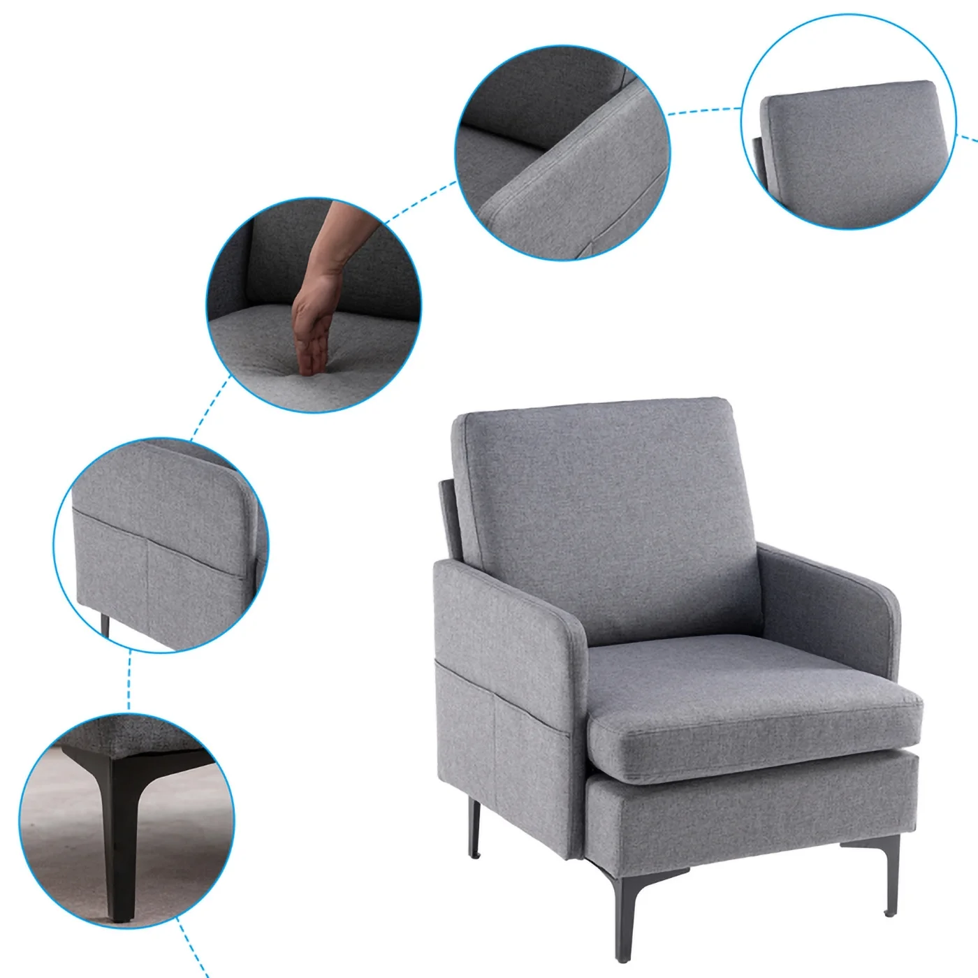 RUseeN Mid-Century Modern Fabric Club Chair, Lounge Chair, Comfy Single Sofa Accent Chair for Bedroom Living Room Guestroom, Dark Grey
