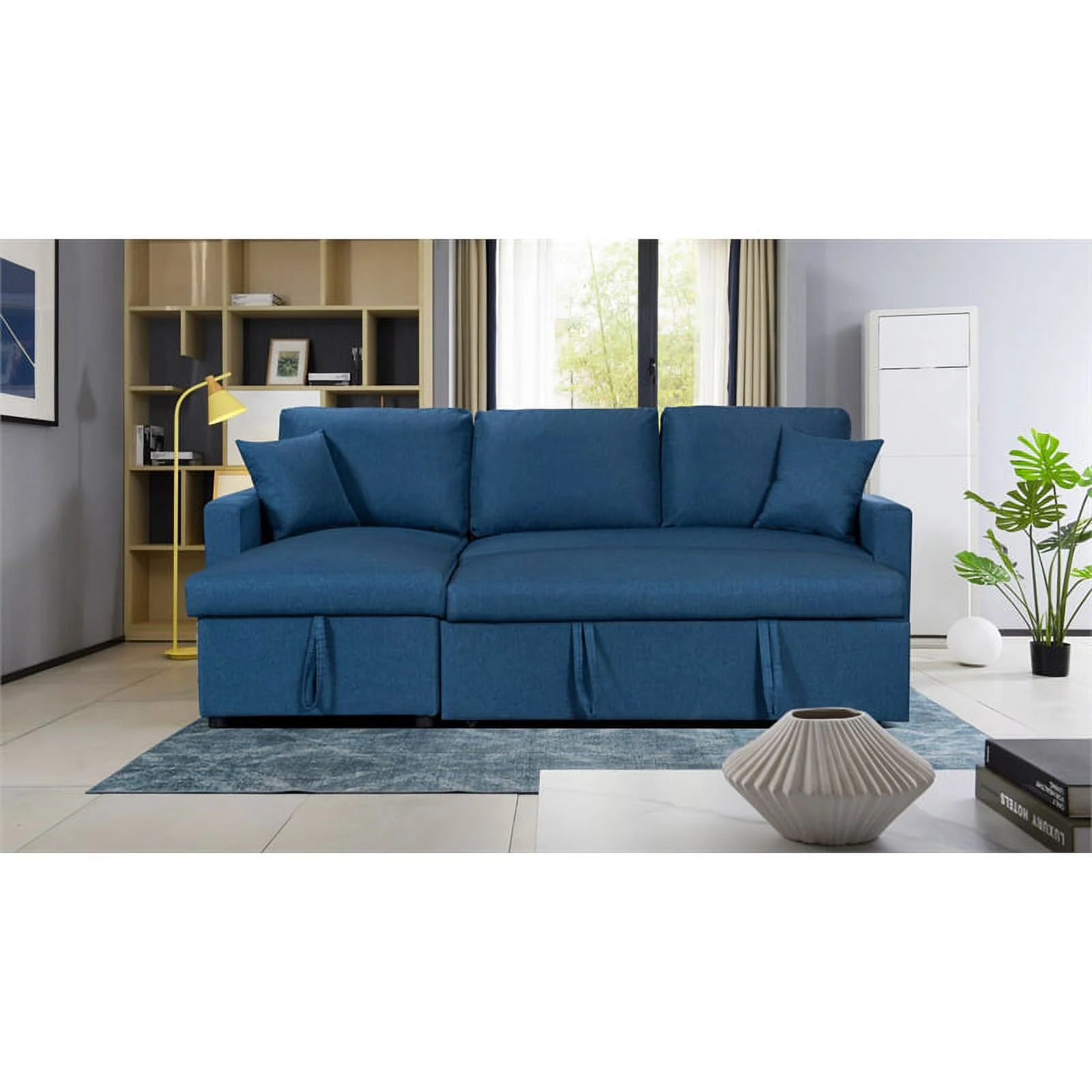 Pemberly Row Blue Fabric Reversible Sleeper Sectional Sofa w/ Storage Chaise
