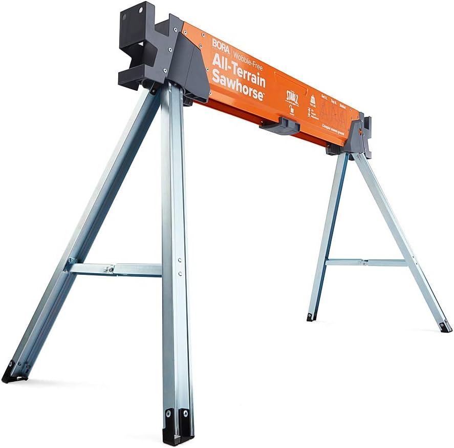 Bora Portamate All-Terrain Sawhorse, Tap to Adapt Swivel Leg for Stability on Uneven Surfaces. Folding Saw Horses for Table Stand, Woodworking