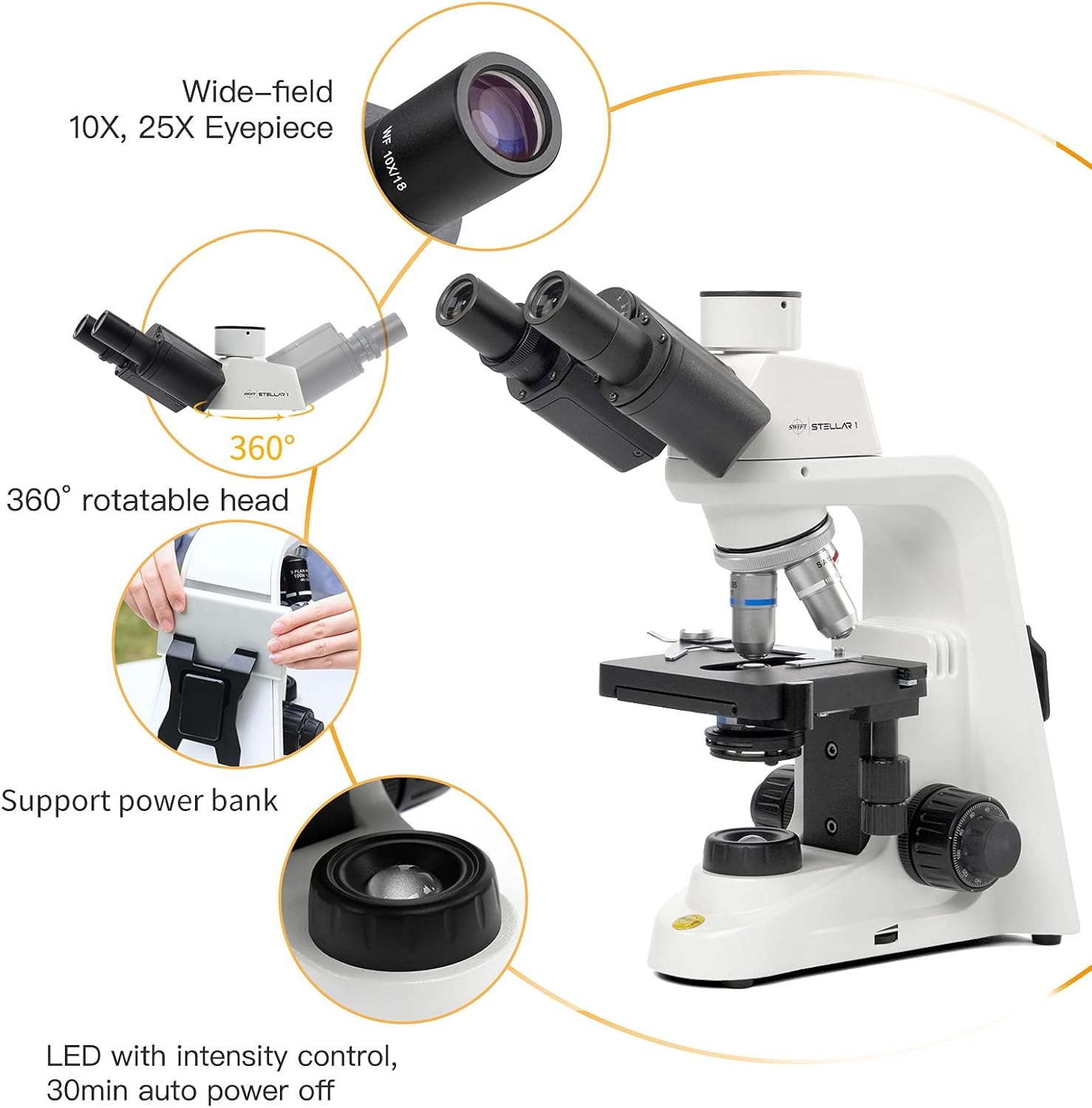 Swift Stellar 1-T Professional Lab Compound Microscope, 40X-2500X Magnification, Siedentopf Trinocular Head, Mechanical Stage, Ultra-Precise Focusing