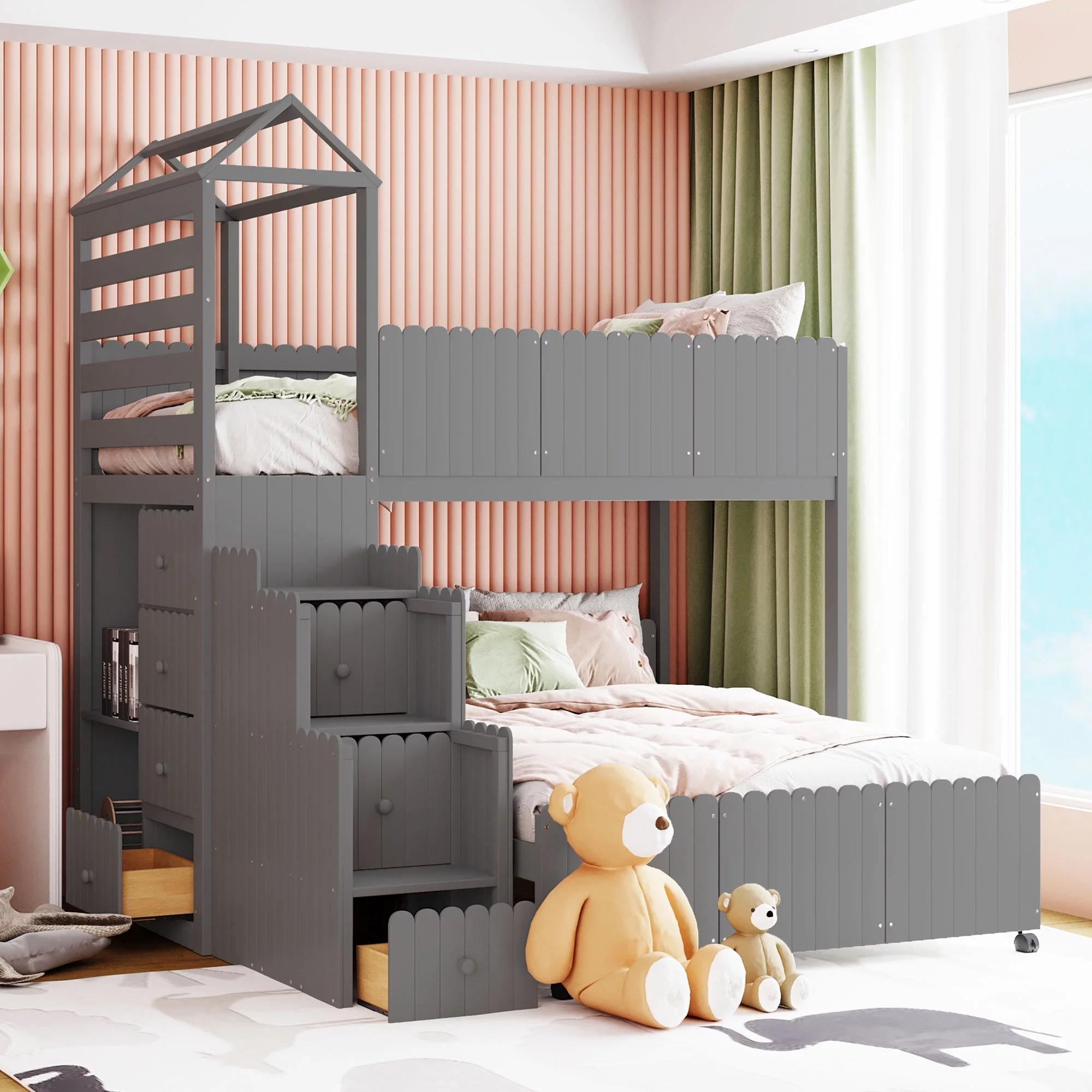 CHURANTY Wood Twin Over Full Loft Bed Stairway House Bed with Stairs and Drawers