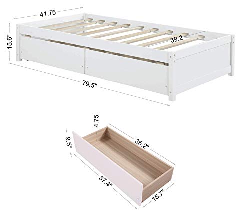 SOFTSEA Twin Size Platform Bed with Storage Drawers, Wooden Platform Bed Frame with 2 Drawers, Storage Platform Bed with Headboard