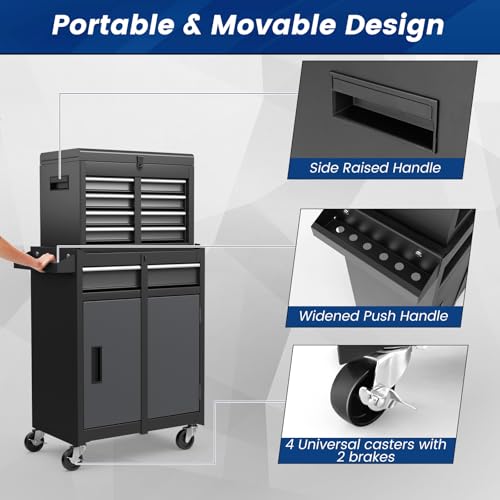 Goplus Rolling Tool Chest, 5-Drawer Tool Box Organizer w/Lockable Wheels & Sliding Drawers & Detachable Top & Adjustable Shelf