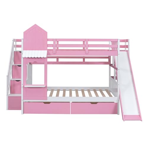 Full-Over-Full Castle Style Bunk Bed with 2 Drawers and 3 Shelves, Wood Bunk Bed Frame with Slide and Storage Staircase for Kids Teens Boys Girls