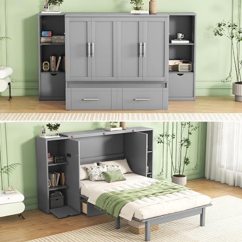 Queen Size Murphy Wall Bed with Storage, Bookcase Headboard, Solid Wood Cabinets, Shelves, Drawers and USB Ports
